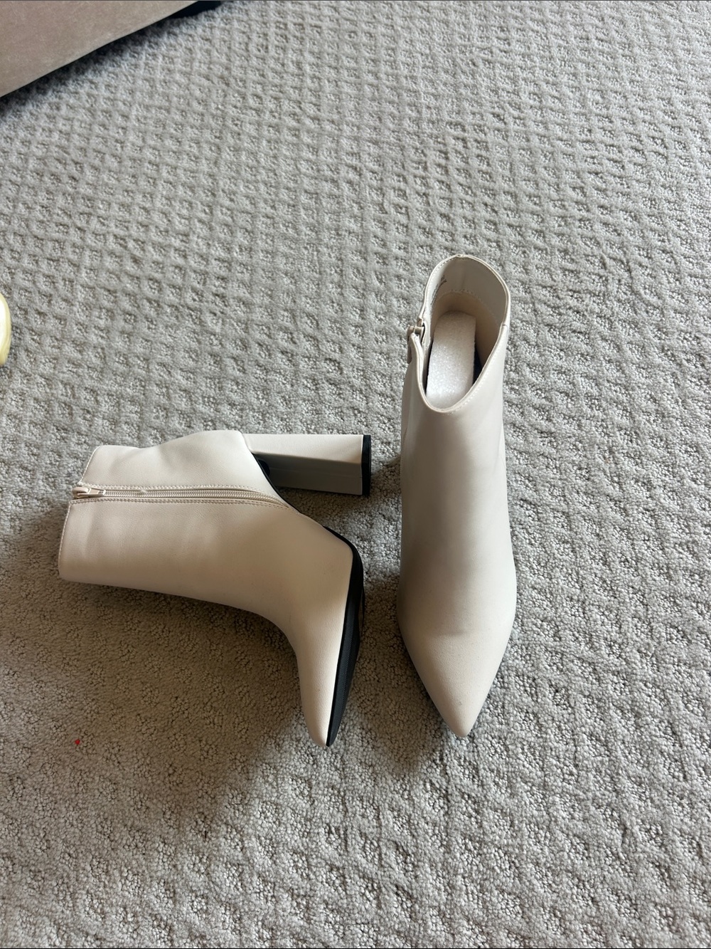 BAMBOO Cream Pointed Toe Block Heel Ankle Boots